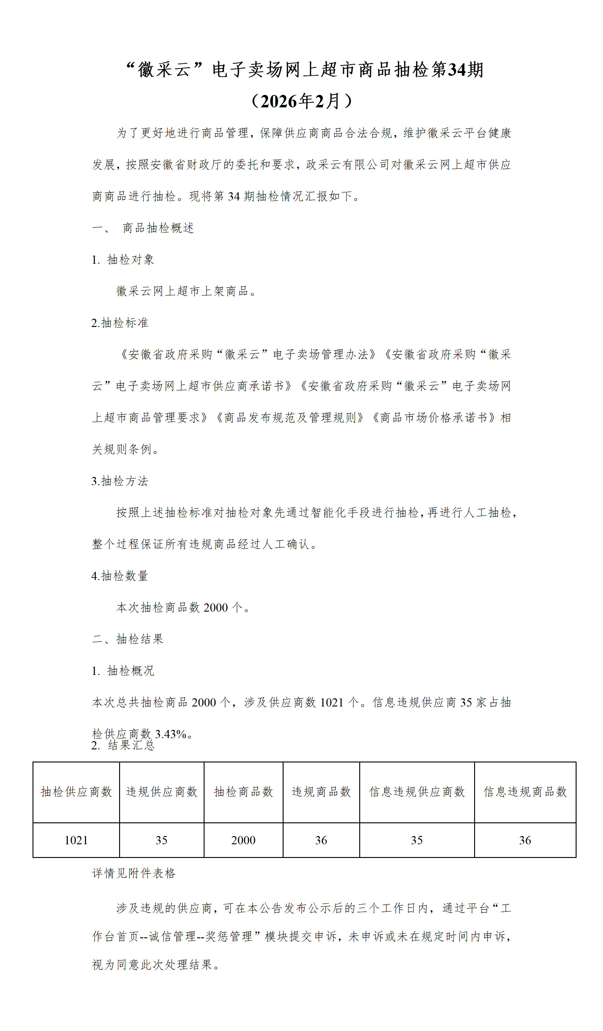 “徽采云”电子卖场网上超市商品抽检第34期 （2026年2月）